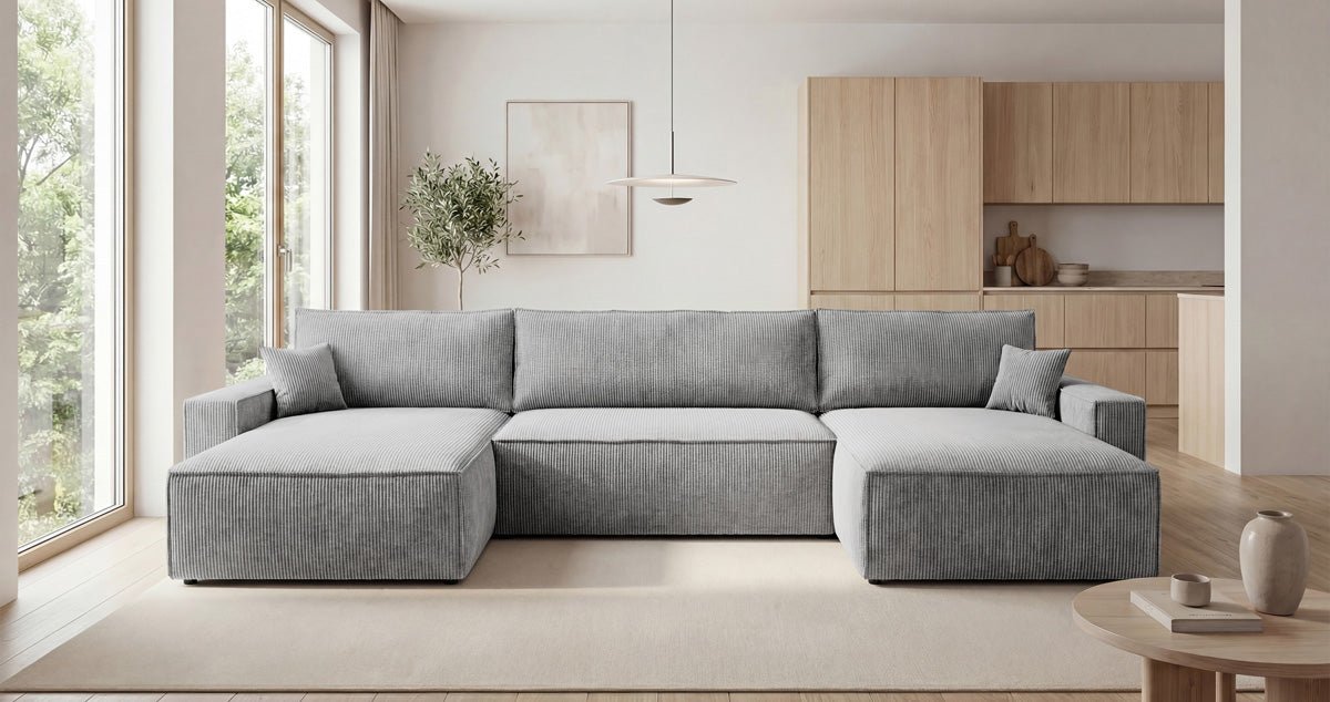 Designbank Vienna U met slaapfunctie en opbergruimte in Ribstof
