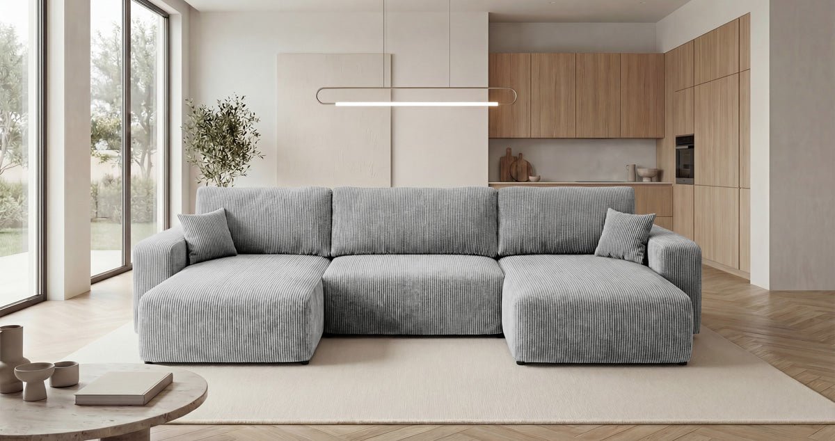 Designbank Noma U met slaapfunctie en opbergruimte in Ribstof