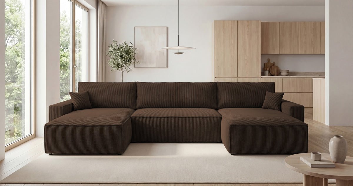 Designbank Vienna U met slaapfunctie en opbergruimte in Ribstof