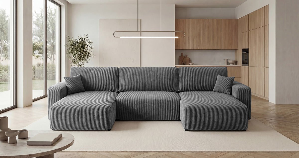 Designbank Noma U met slaapfunctie en opbergruimte in Ribstof