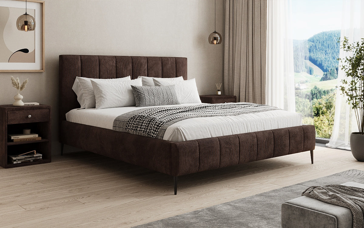Designer gestoffeerd bed Astrid in Ribstof met opbergruimte