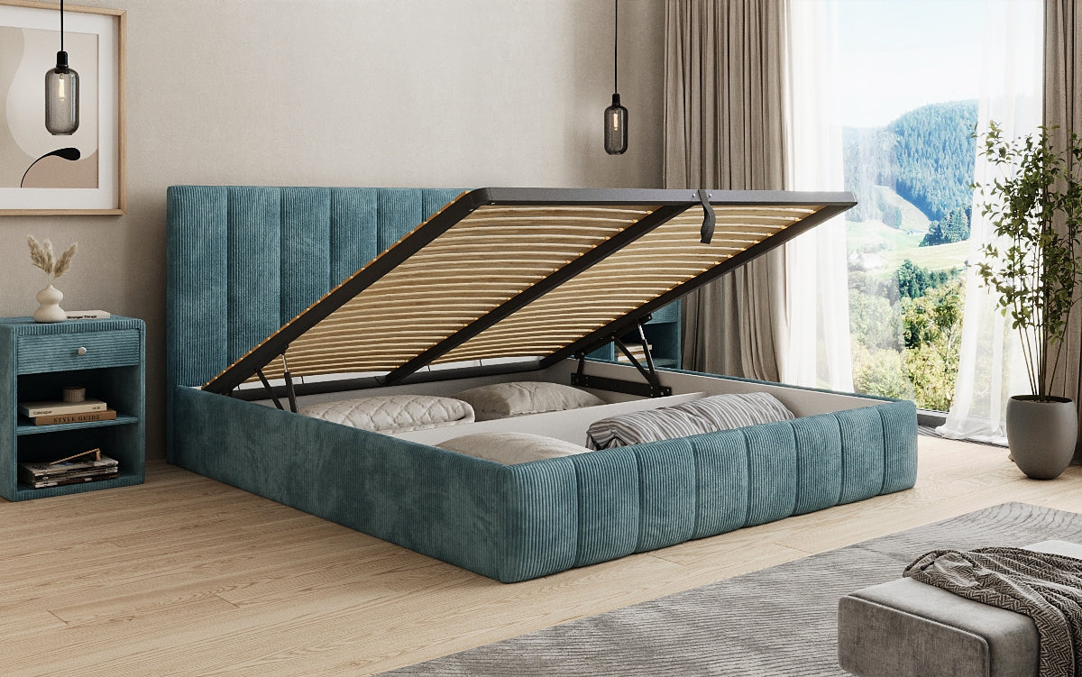 Designer gestoffeerd bed Mila in Ribstof met opbergruimte