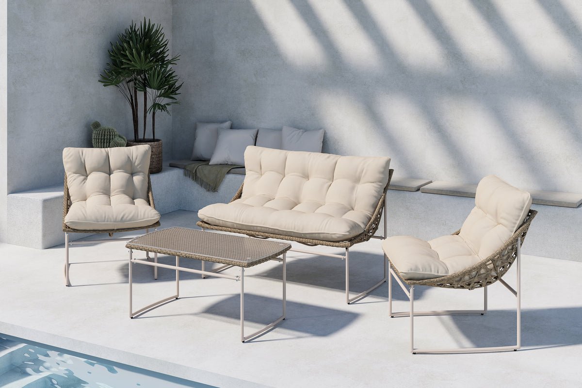 Ensemble lounge de jardin Alisa – 4 pièces avec table en verre et coussins de siège beige