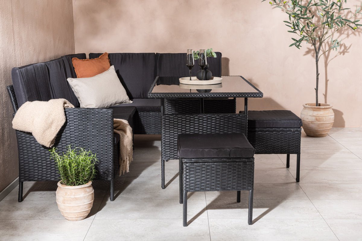 Ensemble lounge de jardin Jess – 5 pièces en rotin synthétique noir avec table en verre