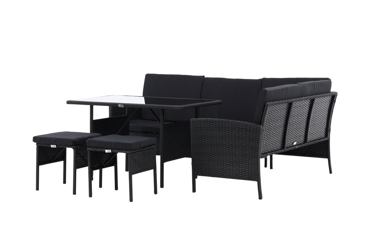 Ensemble lounge de jardin Jess – 5 pièces en rotin synthétique noir avec table en verre