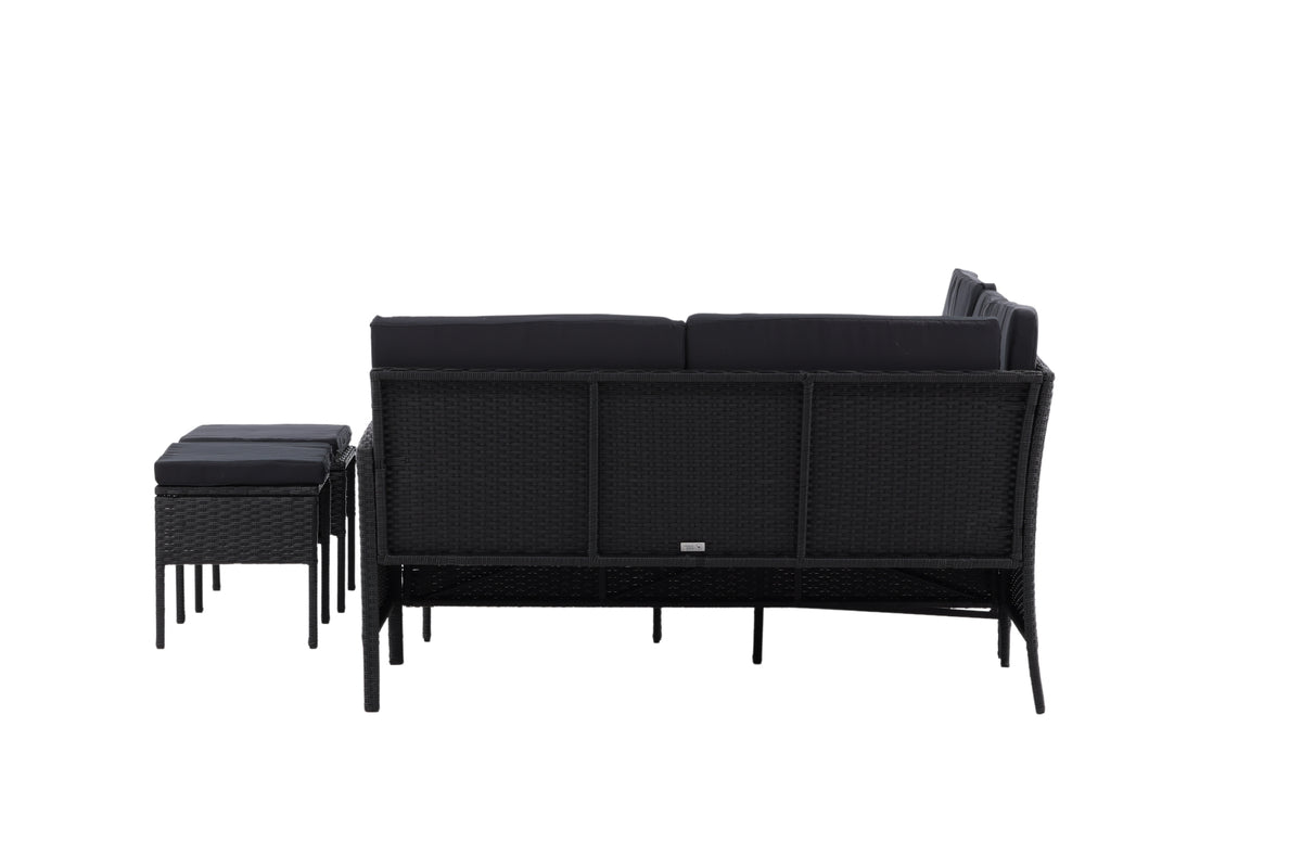 Ensemble lounge de jardin Jess – 5 pièces en rotin synthétique noir avec table en verre