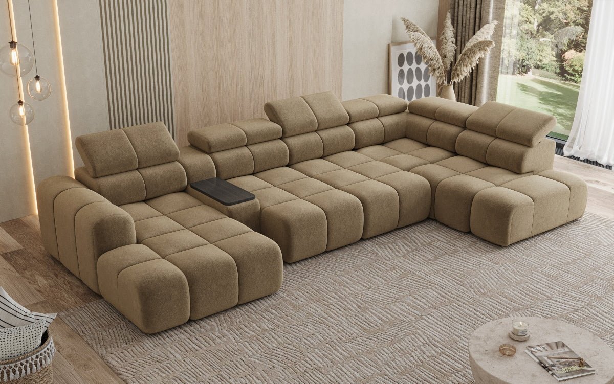 Designersofa woonlandschap Mia met elektrische zitverlenging in Chenille