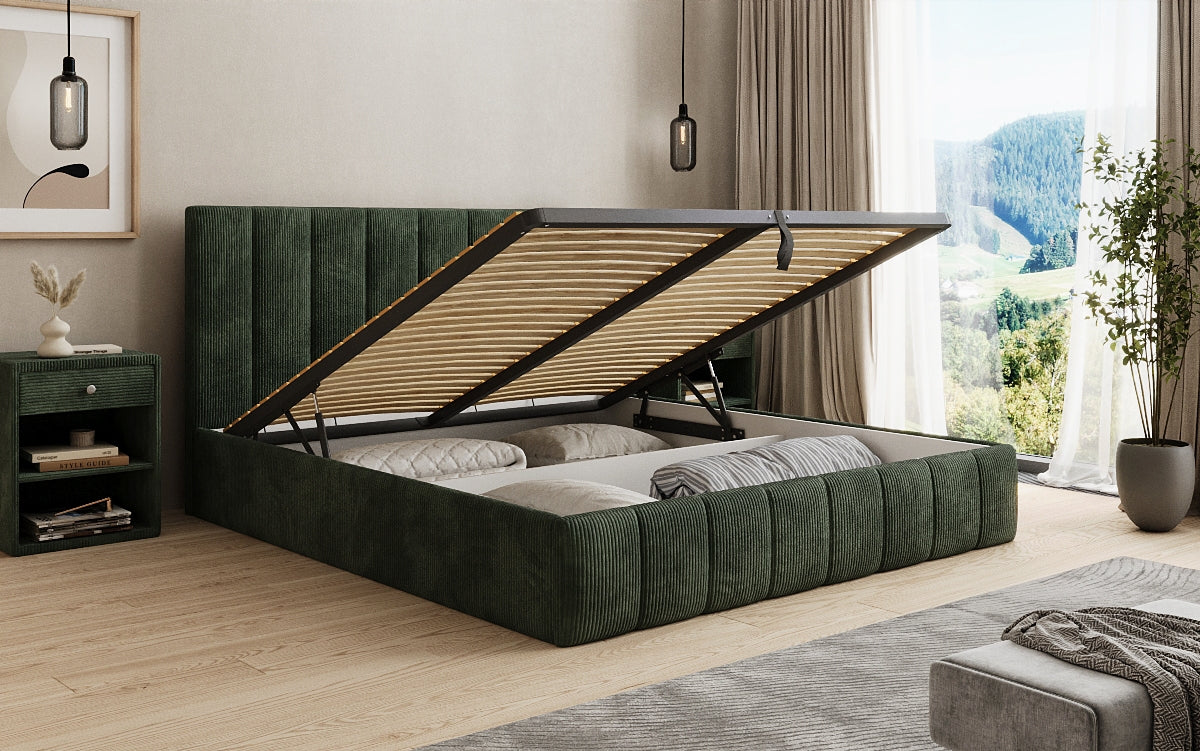 Designer gestoffeerd bed Mila in Ribstof met opbergruimte