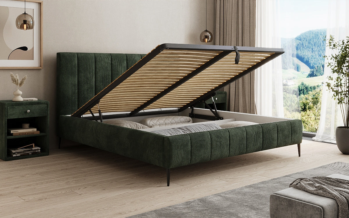 Designer gestoffeerd bed Astrid in Ribstof met opbergruimte