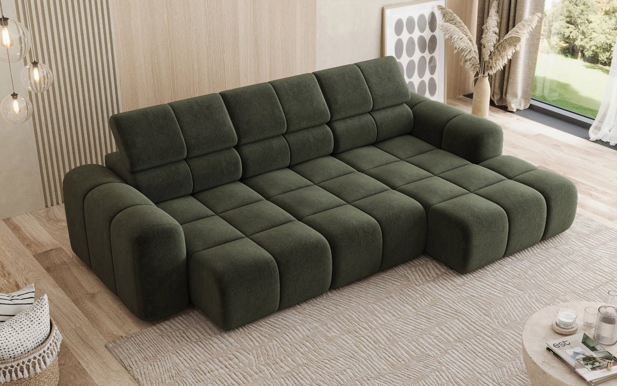 Designersofa Mia L met elektrische zitverlenging in Chenille