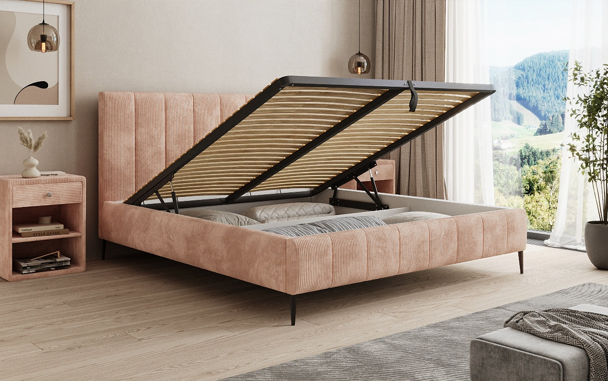 Designer gestoffeerd bed Astrid in Ribstof met opbergruimte