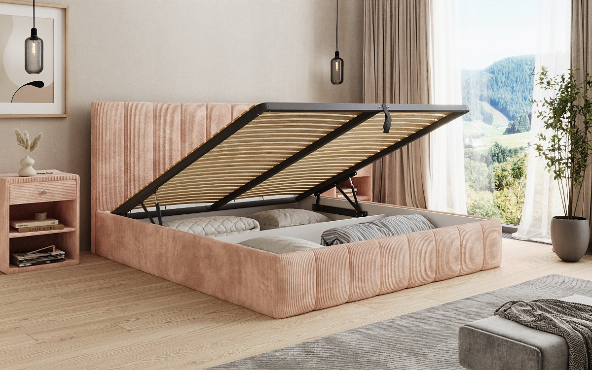 Designer gestoffeerd bed Mila in Ribstof met opbergruimte