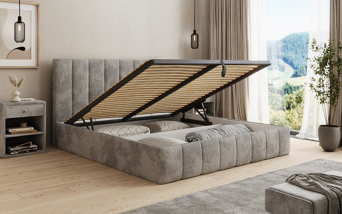 Designer gestoffeerd bed Mila in Ribstof met opbergruimte