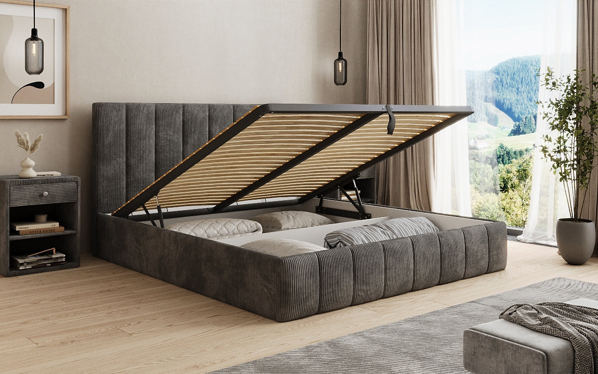 Designer gestoffeerd bed Mila in Ribstof met opbergruimte
