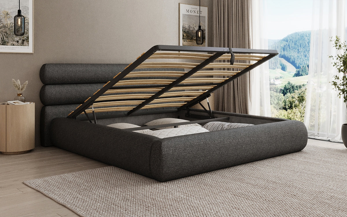 Designer Polsterbett Joline in Strukturstoff mit Stauraum
