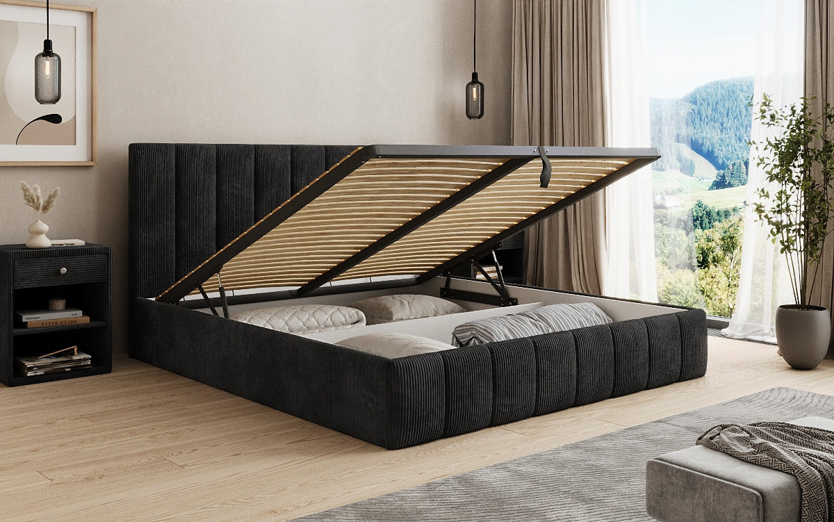Designer gestoffeerd bed Mila in Ribstof met opbergruimte