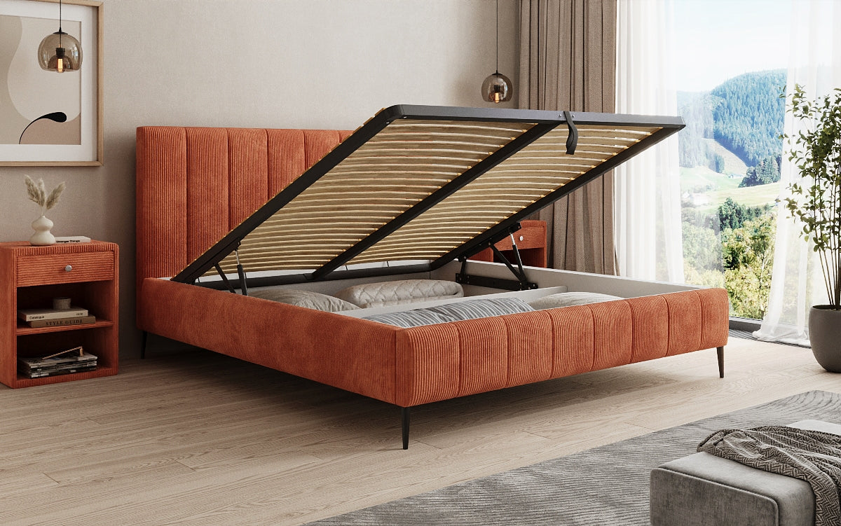 Designer gestoffeerd bed Astrid in Ribstof met opbergruimte