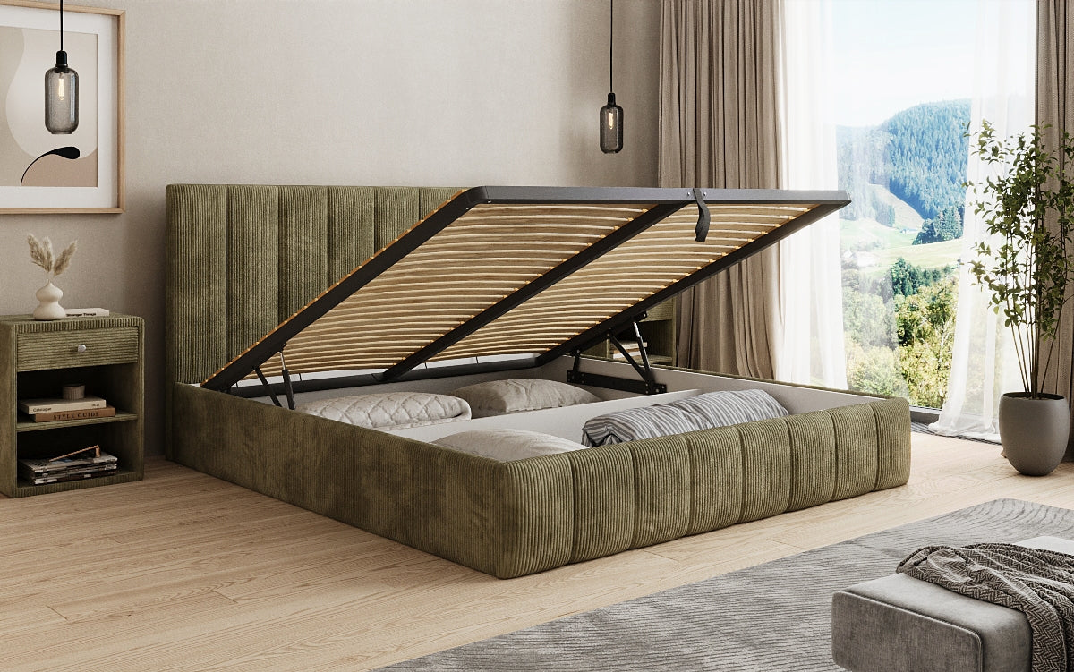 Designer gestoffeerd bed Mila in Ribstof met opbergruimte