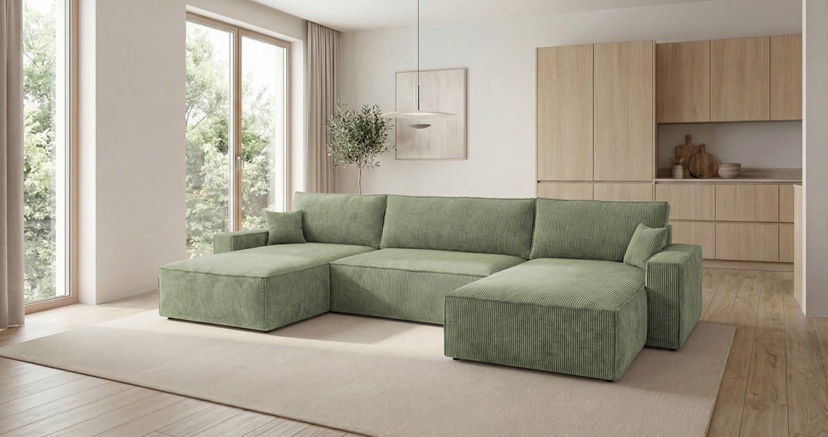 Designbank Vienna U met slaapfunctie en opbergruimte in Ribstof