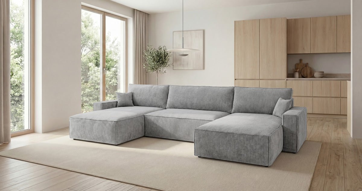 Canapé design Vienna en U avec fonction couchage et rangement en Côtelé