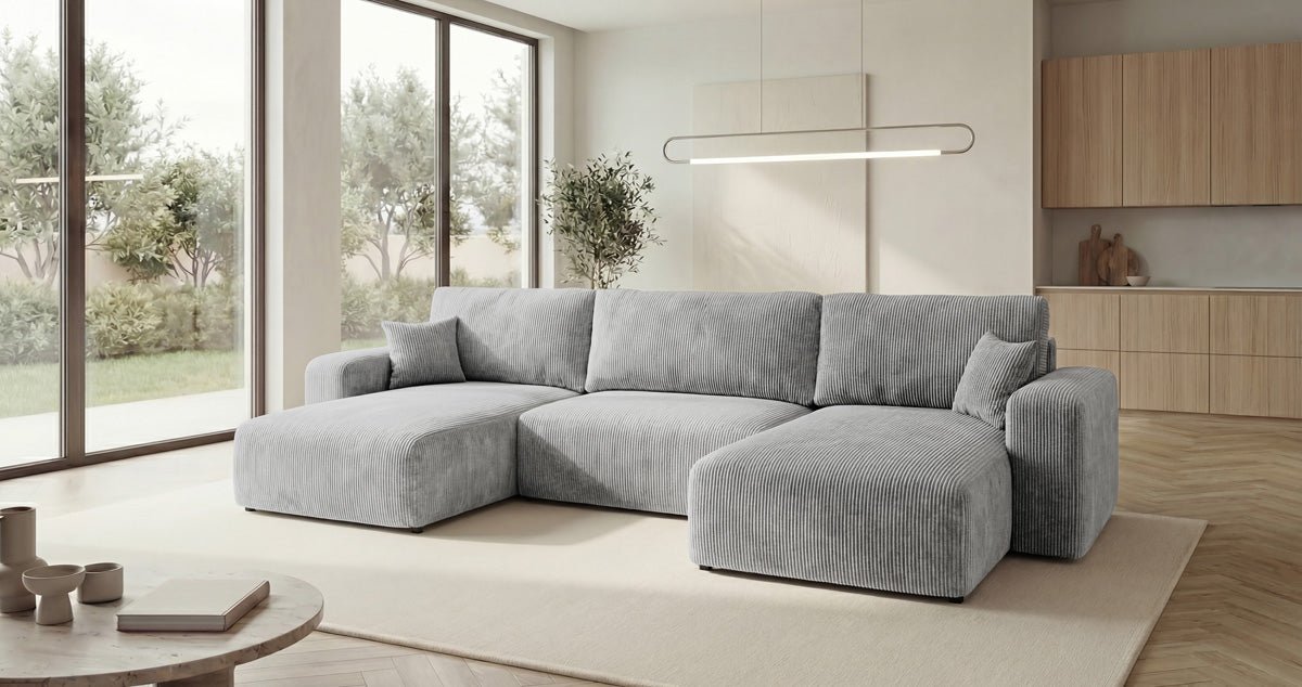 Canapé design Noma U avec fonction couchage et espace de rangement en Côtelé