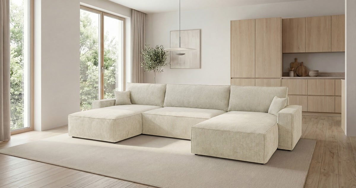 Designbank Vienna U met slaapfunctie en opbergruimte in Ribstof