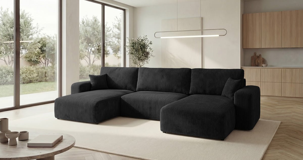 Designbank Noma U met slaapfunctie en opbergruimte in Ribstof