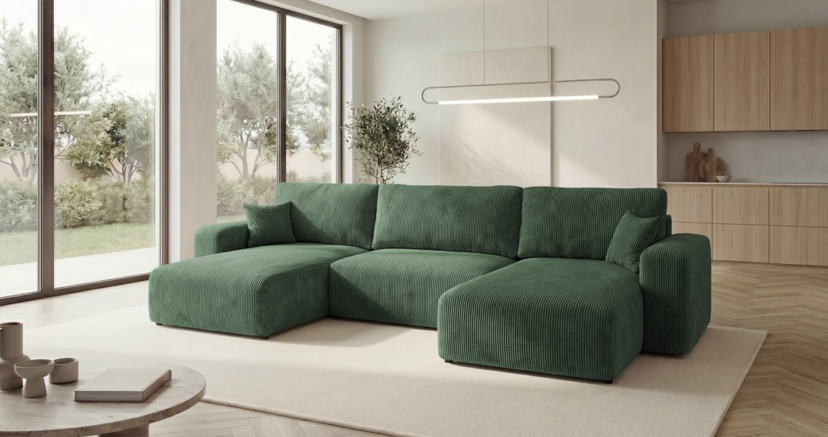 Designbank Noma U met slaapfunctie en opbergruimte in Ribstof