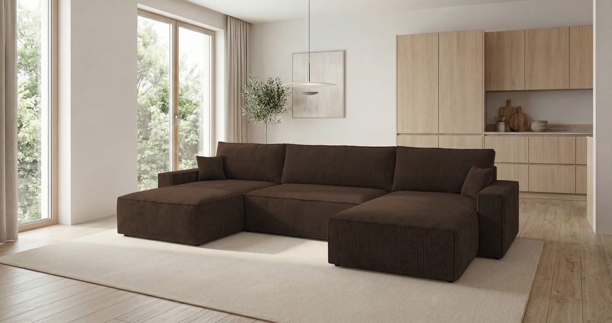 Designbank Vienna U met slaapfunctie en opbergruimte in Ribstof