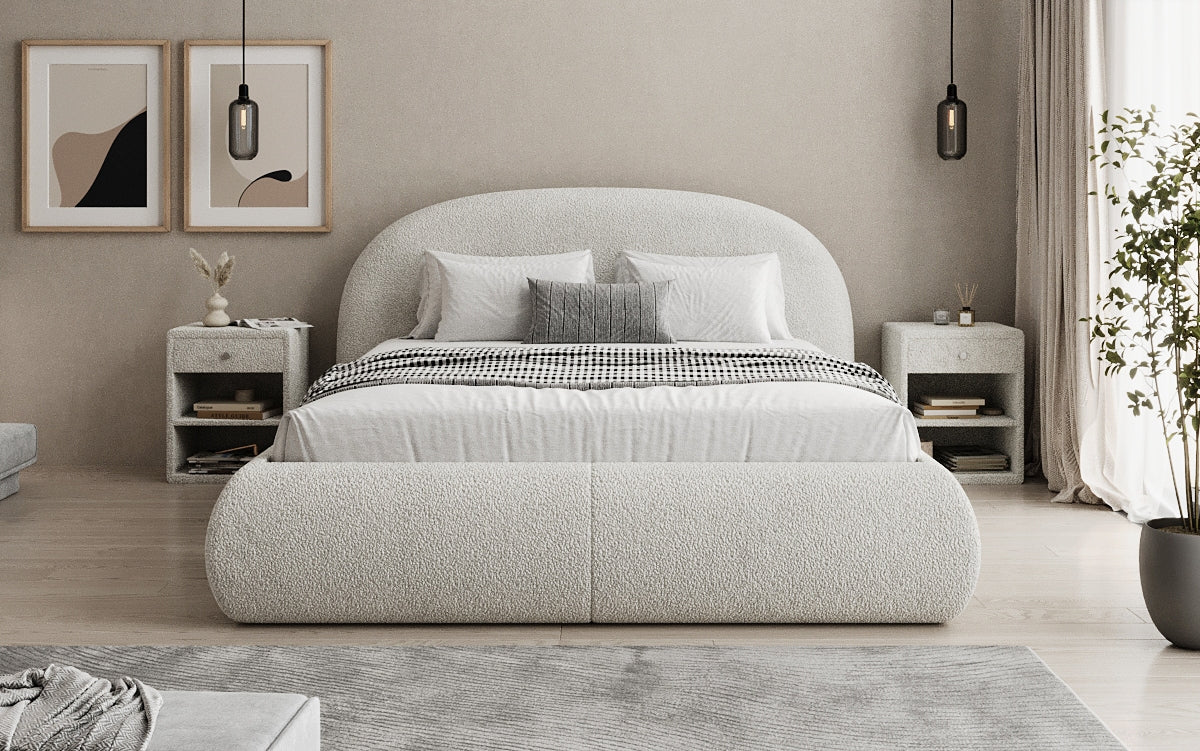 Designer Polsterbett Loop in Teddy Bouclé mit Stauraum