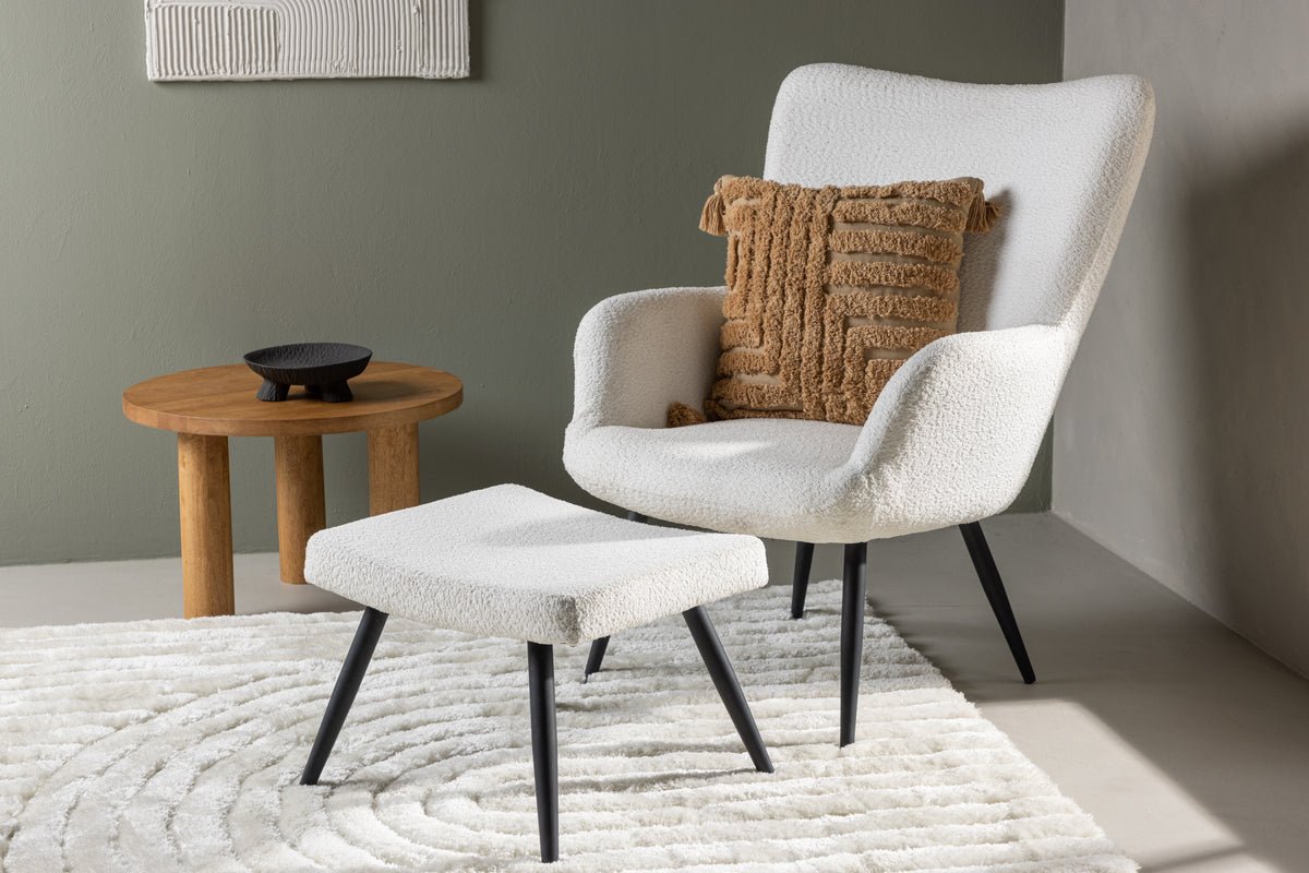 Fauteuil Verona - witte bouclé-stof & zwarte metalen poten