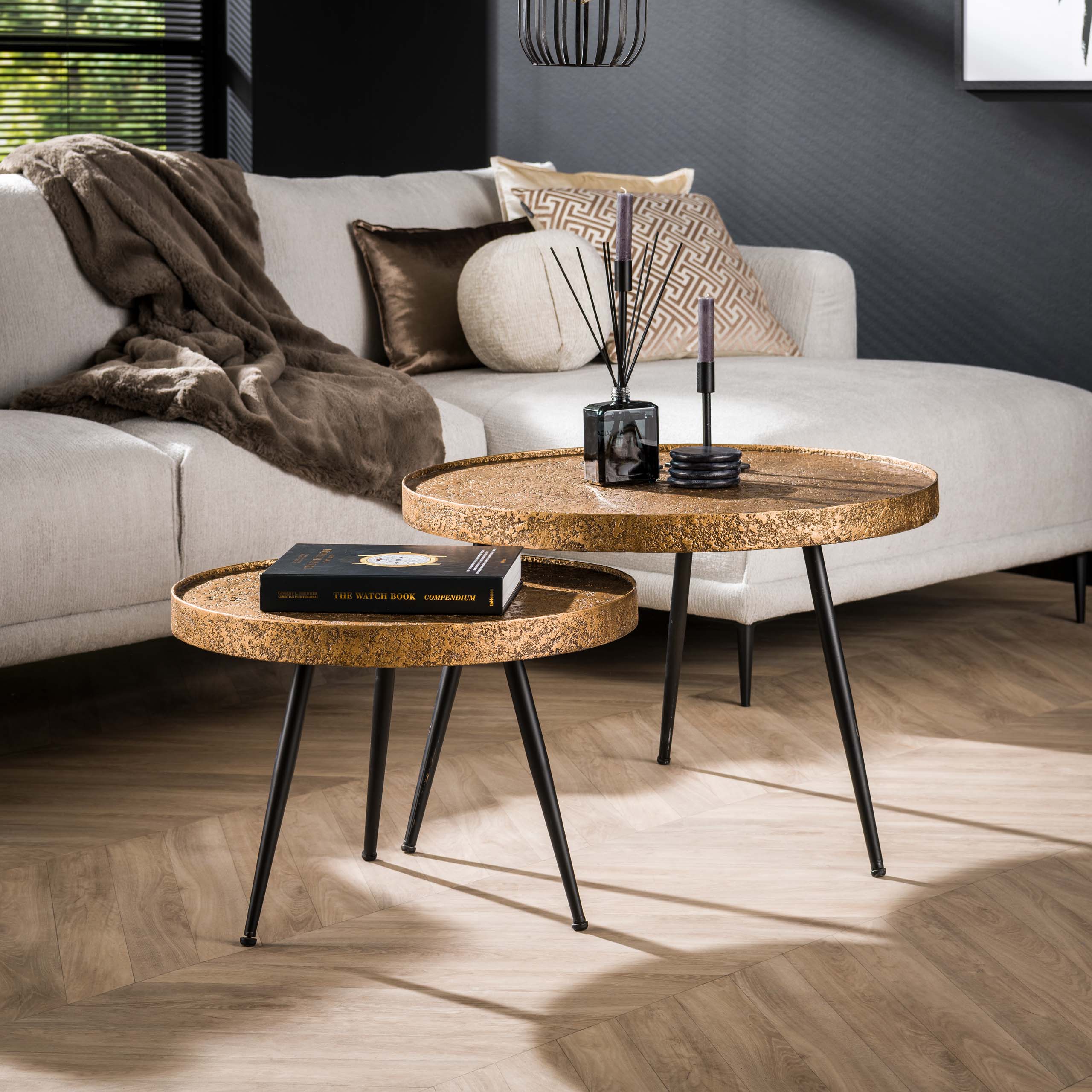 Couchtisch Kharu - 2er Set in Metallic-Antikbronze in rundem Design