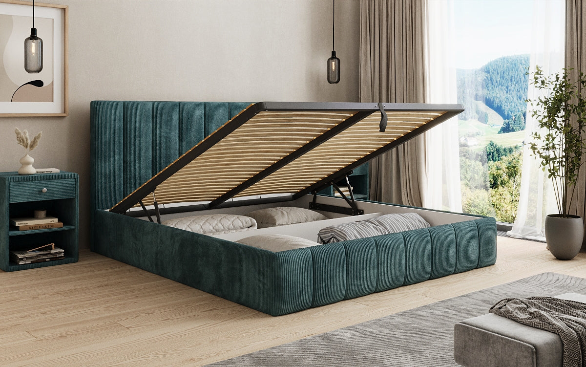 Designer gestoffeerd bed Mila in Ribstof met opbergruimte