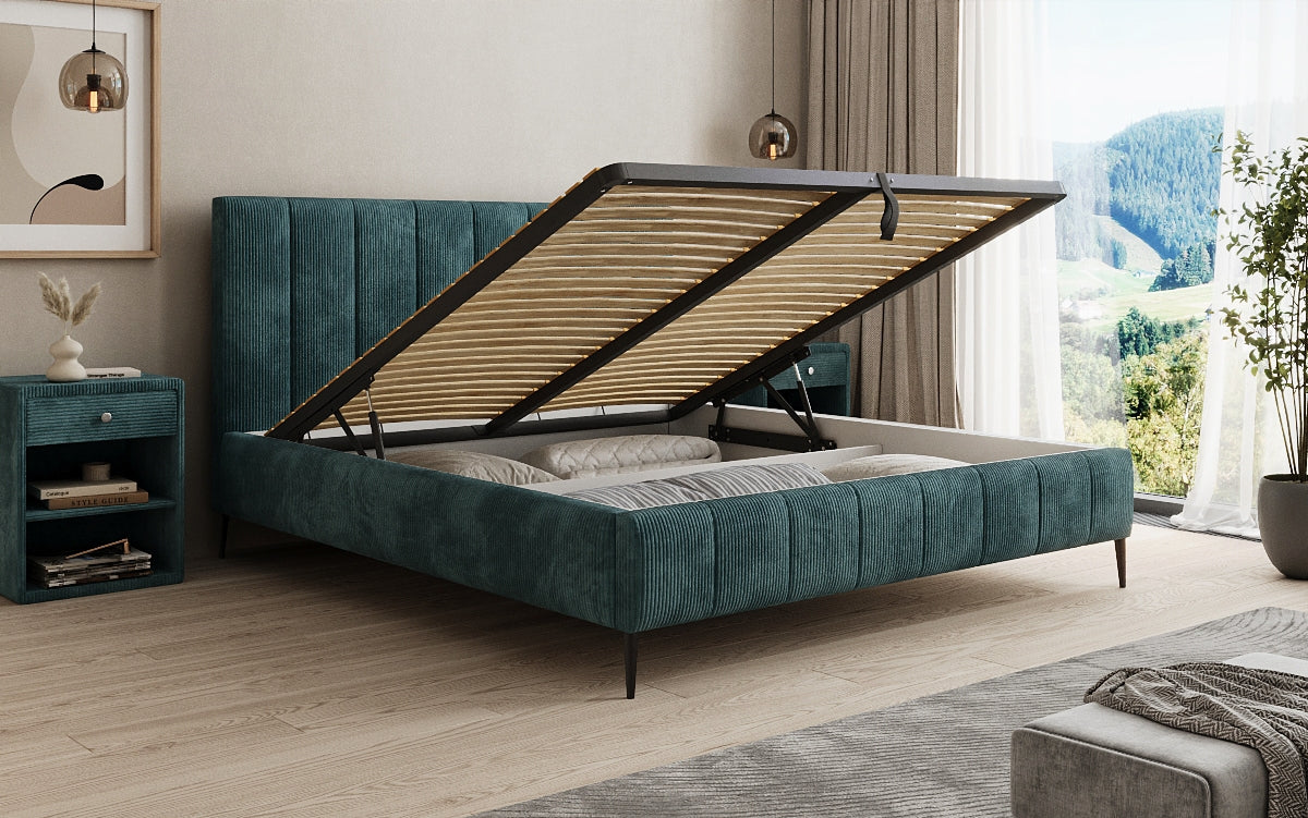 Designer gestoffeerd bed Astrid in Ribstof met opbergruimte