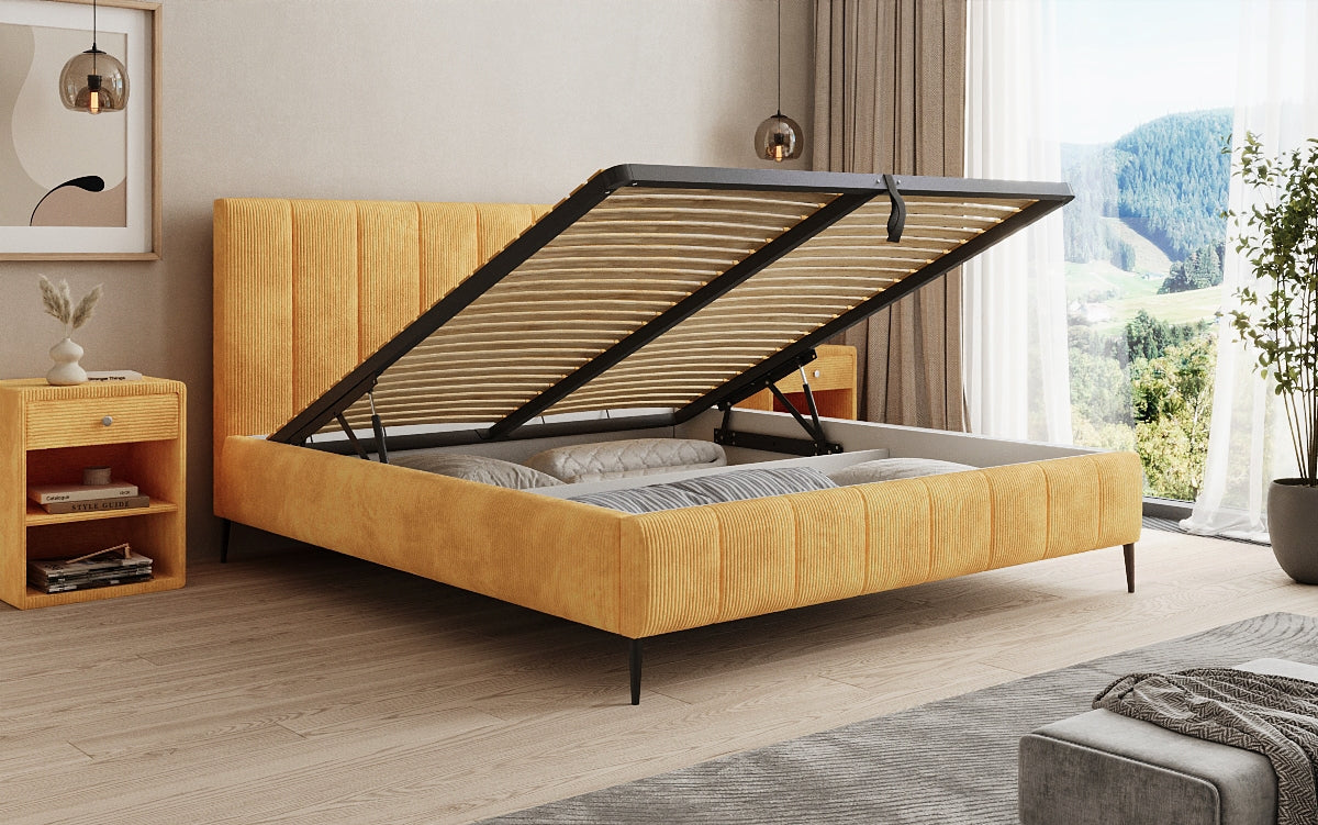 Designer gestoffeerd bed Astrid in Ribstof met opbergruimte