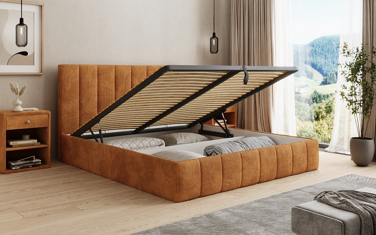 Designer gestoffeerd bed Mila in Ribstof met opbergruimte