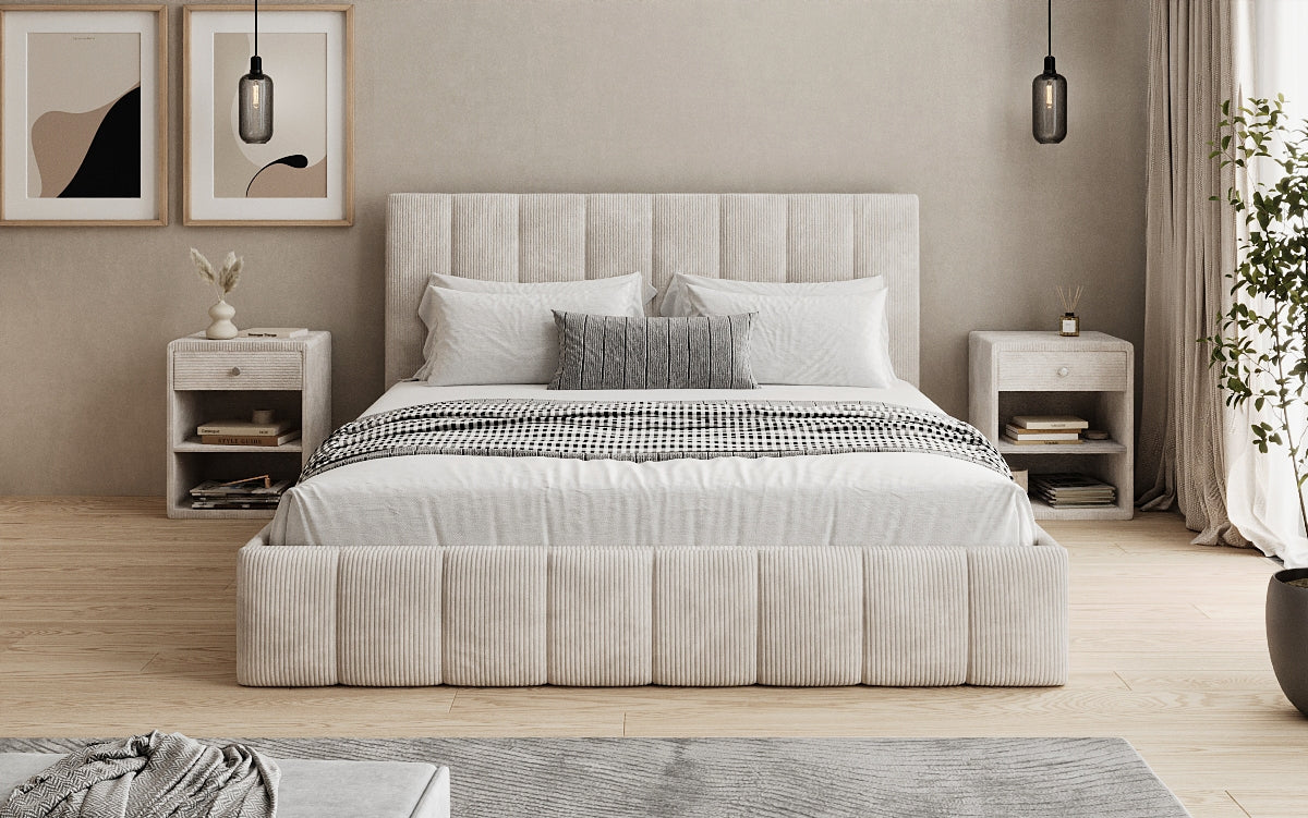 Designer gestoffeerd bed Mila in Ribstof met opbergruimte