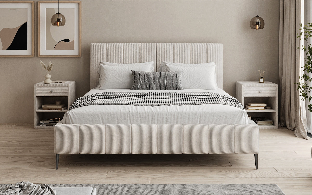 Designer gestoffeerd bed Astrid in Ribstof met opbergruimte