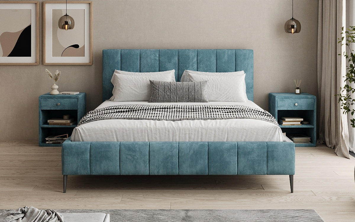 Designer gestoffeerd bed Astrid in Ribstof met opbergruimte
