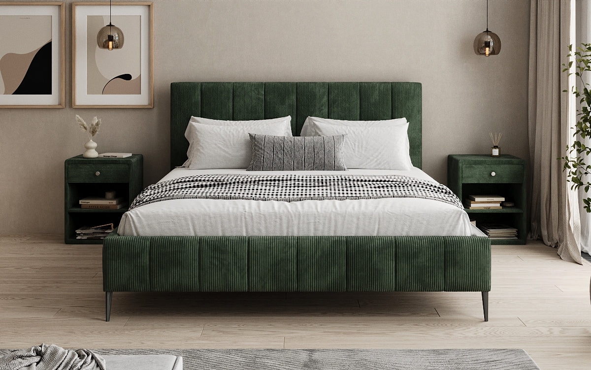 Designer gestoffeerd bed Astrid in Ribstof met opbergruimte