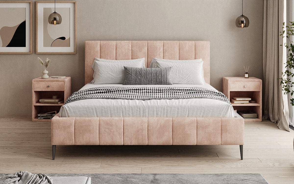 Designer gestoffeerd bed Astrid in Ribstof met opbergruimte