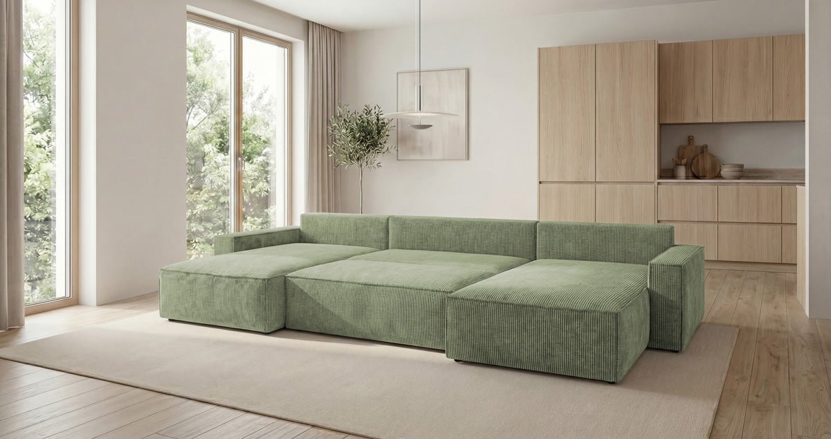 Designbank Vienna U met slaapfunctie en opbergruimte in Ribstof