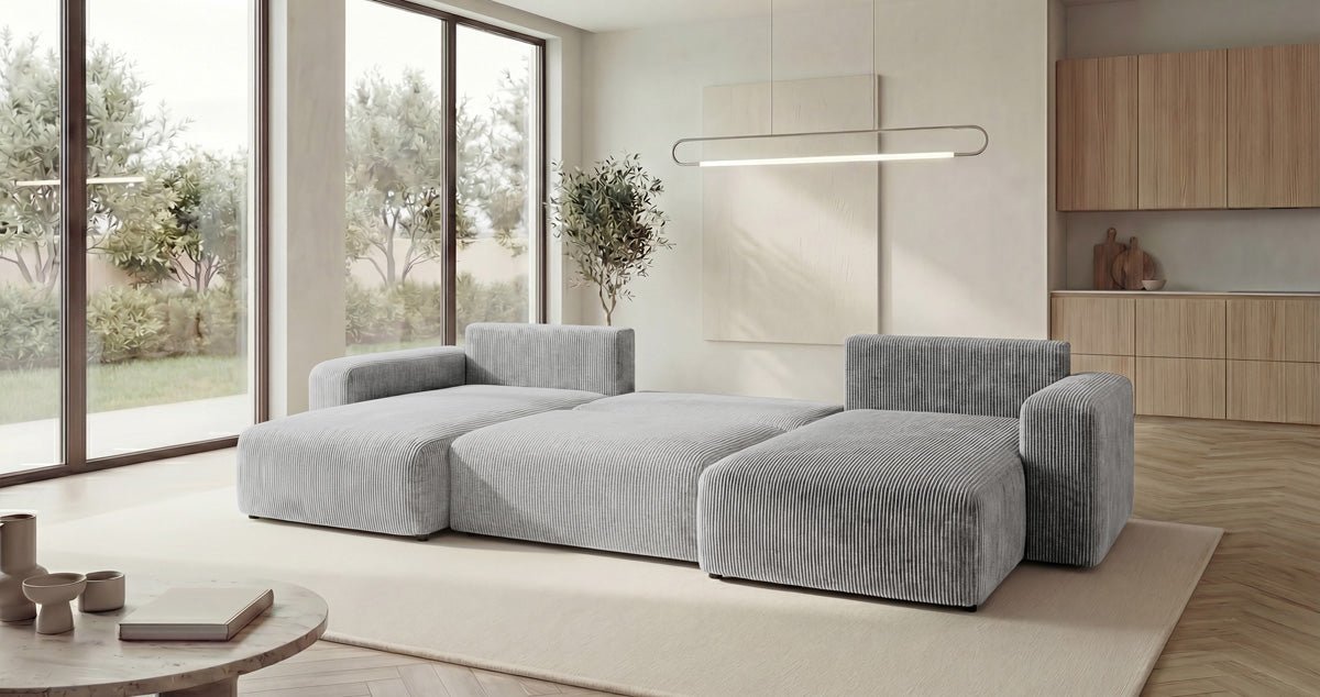 Designbank Noma U met slaapfunctie en opbergruimte in Ribstof