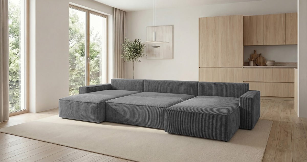 Designbank Vienna U met slaapfunctie en opbergruimte in Ribstof