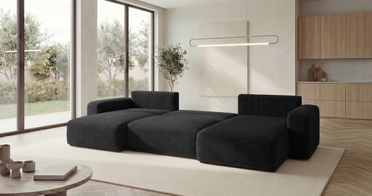 Designbank Noma U met slaapfunctie en opbergruimte in Ribstof