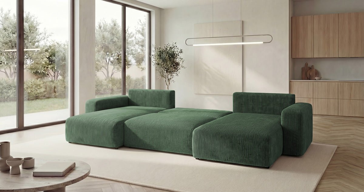 Designbank Noma U met slaapfunctie en opbergruimte in Ribstof