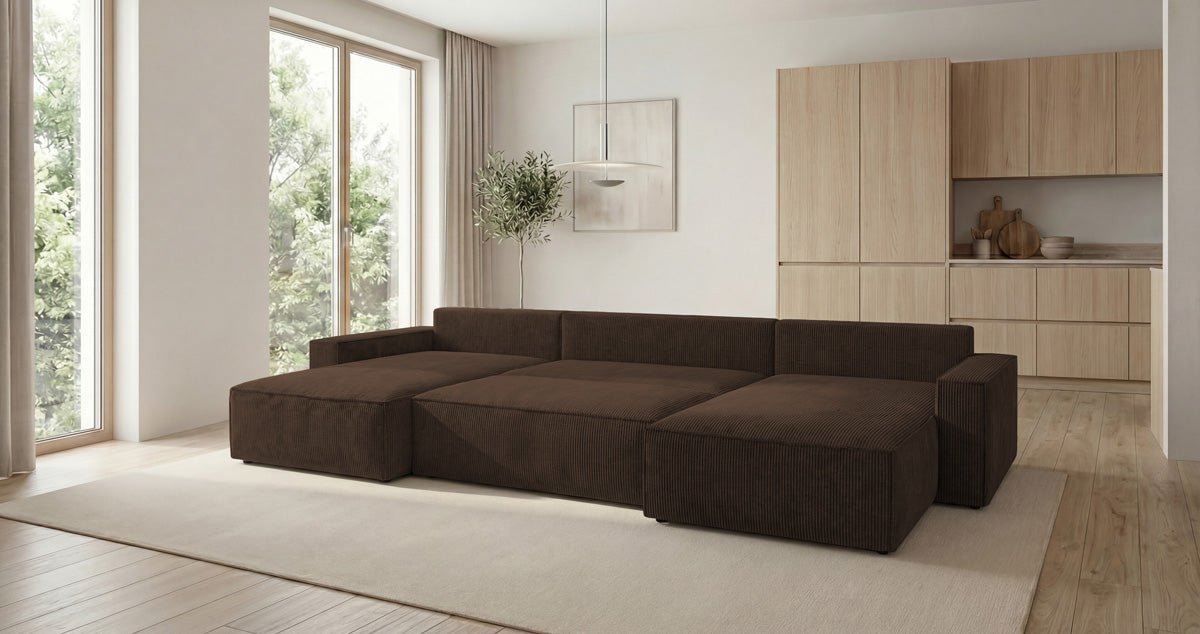 Designbank Vienna U met slaapfunctie en opbergruimte in Ribstof