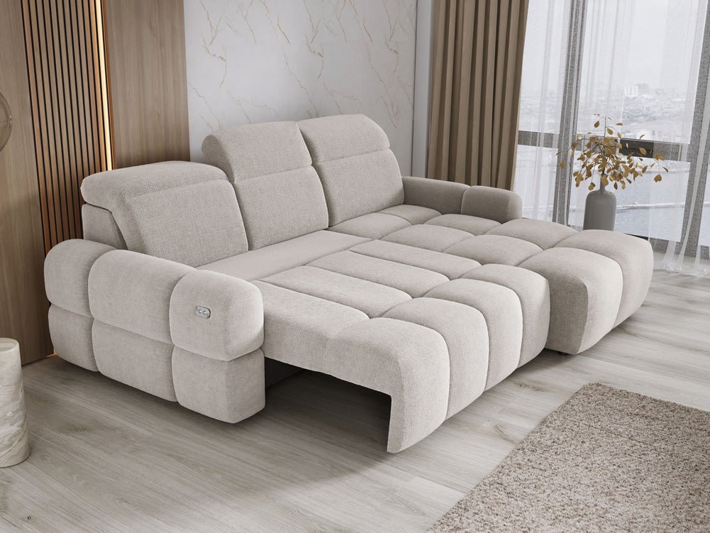 Designbank Arosa L met elektrische slaapfunctie in Bouclé