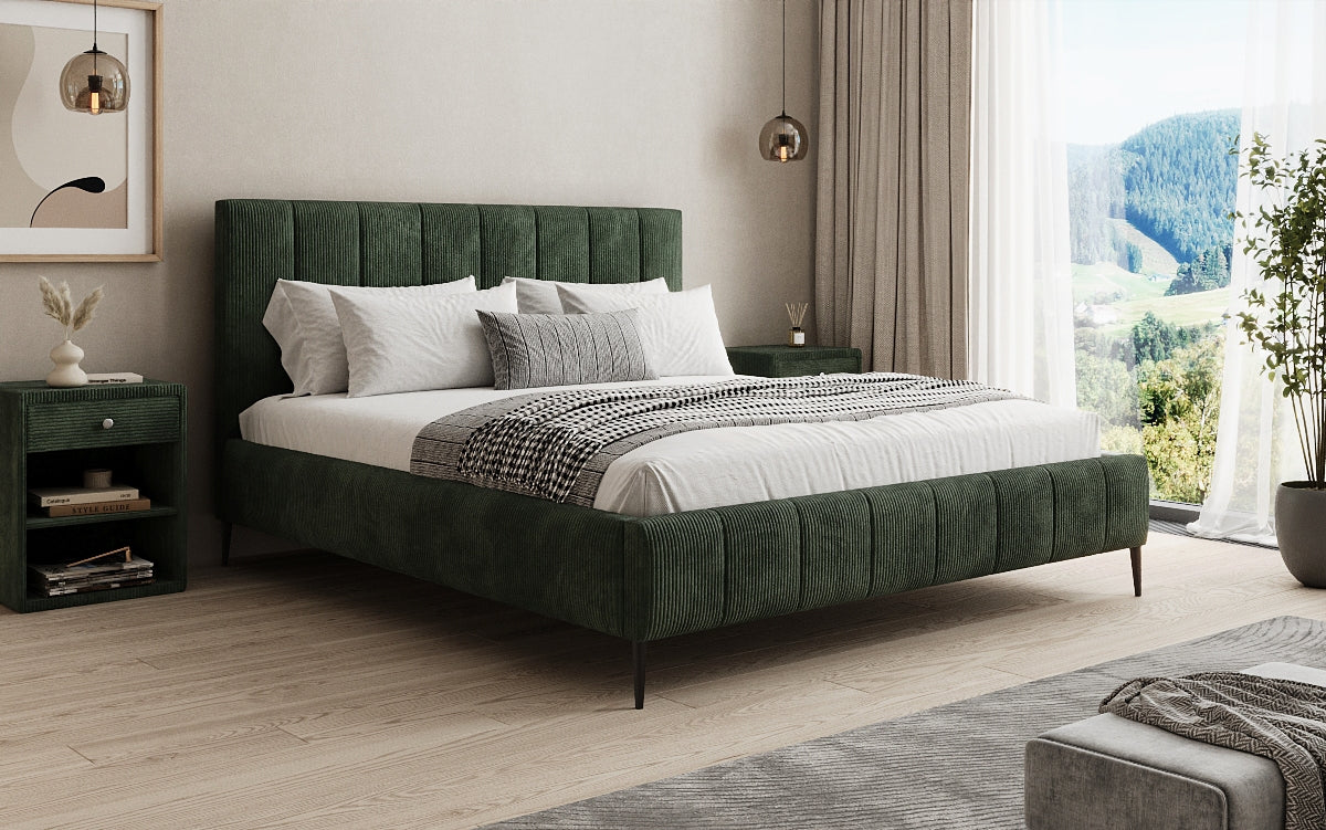 Designer gestoffeerd bed Astrid in Ribstof met opbergruimte