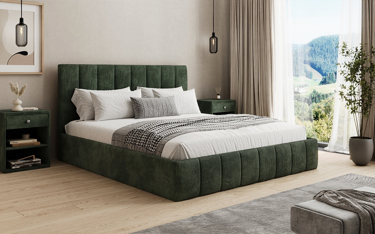 Designer gestoffeerd bed Mila in Ribstof met opbergruimte